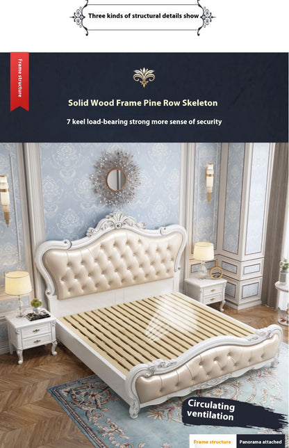 Europäisches Luxus-Doppelbett, modernes weißes King-Size-Doppelbett mit ästhetischem Rahmen, hochwertiges, schlafendes, beleuchtetes Deux-Tischmöbel für Schlafzimmer