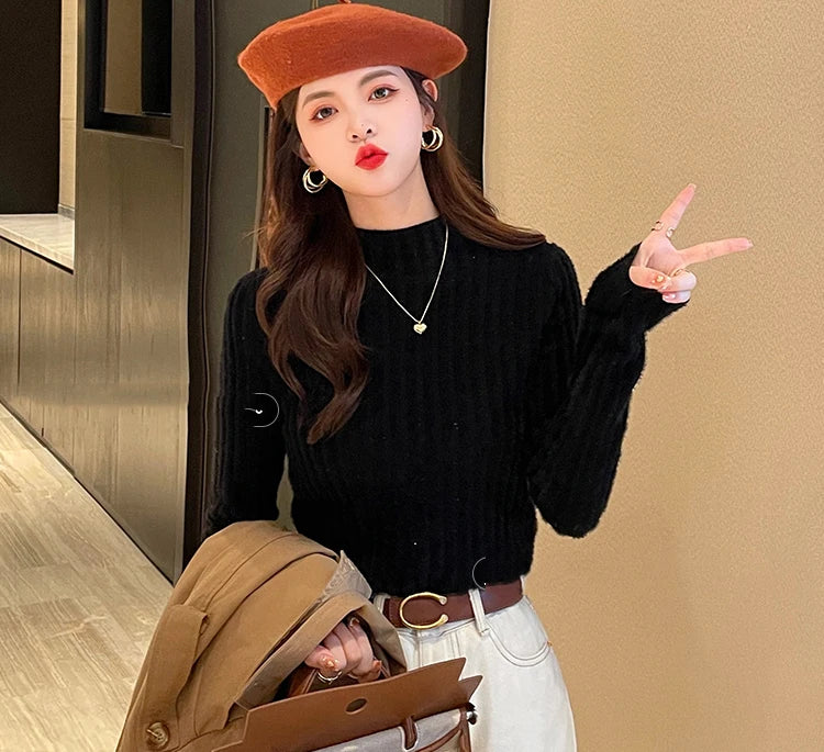 2025 gestrickte Pullover Dicke Warme Rollkragenpullover Frauen Tops Gefüttert Pullover Herbst Winter Streetwear Jersey Strickwaren Jumper.