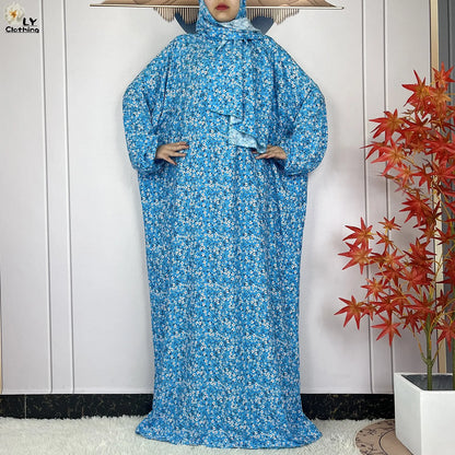 New Muslim Long Sleeved Cotton For Women Ramadan Prayer Turkey Middle East Femme Robe Floral Loose African Abaya Dress Scarfs