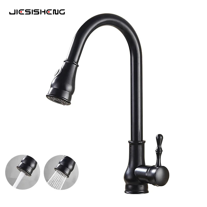 Antique Brass Kitchen Faucet Pull Out Spout Kitchen Faucets Black Single Hole Swivel Hot Cold Water Kitchen Mixers Taps