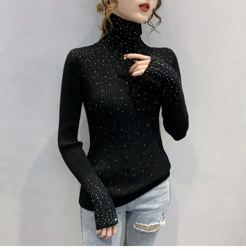 Women Clothing Fashion Elegant Turtleneck Pullover Autumn Winter Solid Slim Long Sleeve Sweater Office Lady Casual Dignified Top.