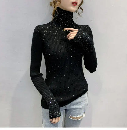 Women Clothing Fashion Elegant Turtleneck Pullover Autumn Winter Solid Slim Long Sleeve Sweater Office Lady Casual Dignified Top.