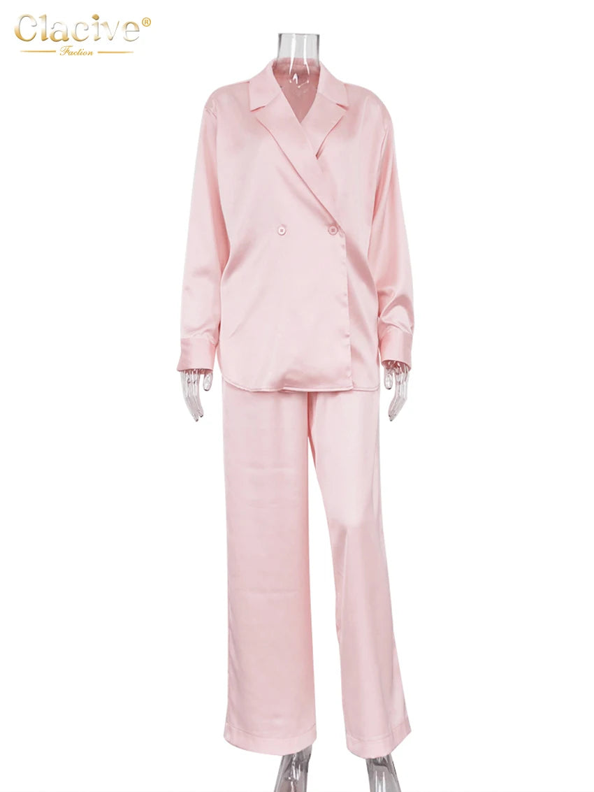 Clacive Fashion Loose Pink Satin Pants Sets For Women 2 Pieces Elegant Long Sleeve Shirt With High Waist Wide Trousers Suits.