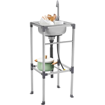 Edelstahlspüle, freistehendes Spülbecken mit 1 Becken, mobiles Spülbecken, Küchenspüle mit Wasserhahn, 42 x 37 x 83 cm, für Bars, Restaurant, Küche