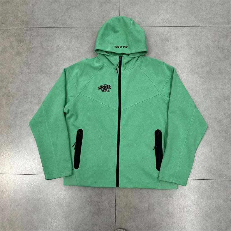 Casual Embroidered Fleece Lined Open Cardigan Hooded Zipper Pants Set for Men And Women Color Block Design by Syna