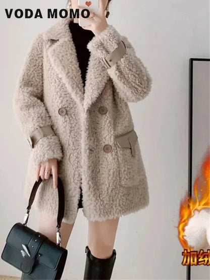 Neue 2024 Winter frauen Imitieren lammwolle Jacke Weibliche Mäntel Mid Lange Samt Verdicken Harajuku Warme Vintage Damen Outwear Tops.