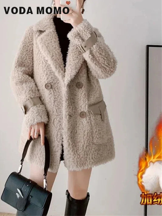 Neue 2024 Winter frauen Imitieren lammwolle Jacke Weibliche Mäntel Mid Lange Samt Verdicken Harajuku Warme Vintage Damen Outwear Tops.