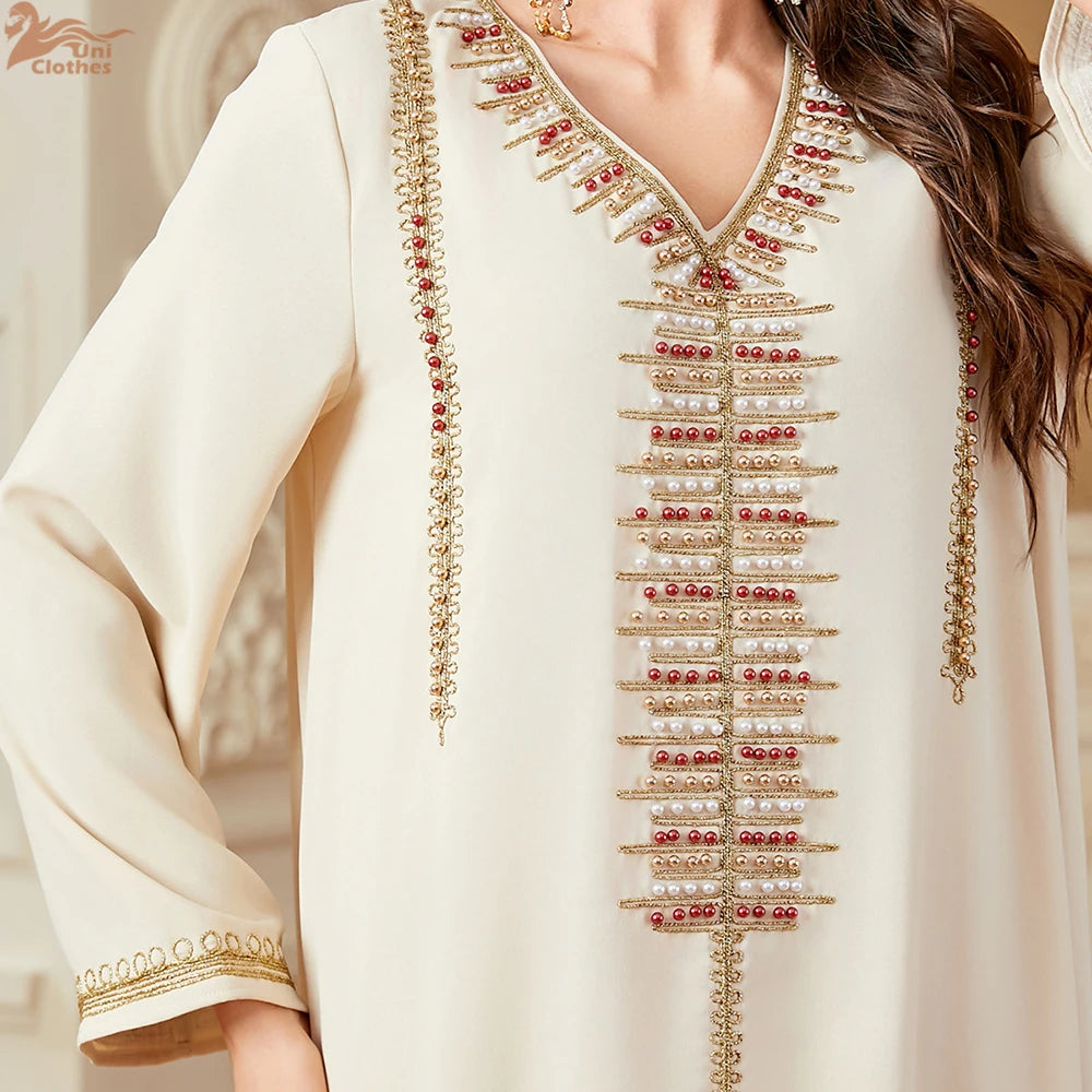 Elegant V-Neck Beading Embroidery Abaya For Muslim Woman 2025 Casual Loose Moroccan Saudi Dubai Kuwait Morocco Stylish Kebaya.