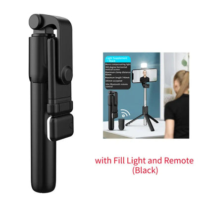 Portable Bluetooth Selfie Stick Tripod Holder with Remote Shutter Fill Light Extendable Wireless Remote Retractable Phone Stand.