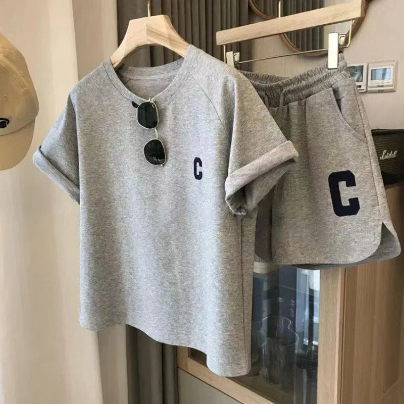 2-teiliges Set für Damen, Sommer, lockeres Kurzarm-T-Shirt, lässige Shorts, Sportdruck, Brief, Freizeitanzug, große Größe, kurzes Pyjama-Set.