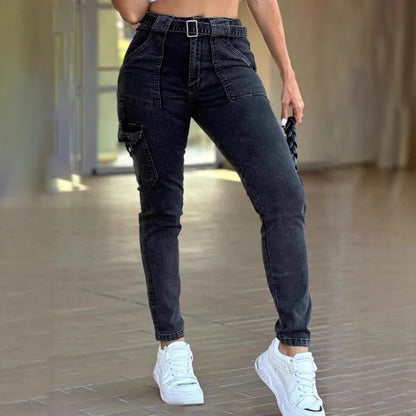 Europe and The United States Foreign Trade New Belt Women's Classic Sexy Tight Small Foot Pants High Spring Washed Cargo Jeans.