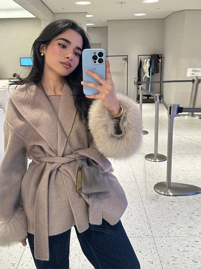 Frauen Mäntel Elegante Revers Plüsch Mit Gürtel Faux Pelz Hülse Tweed Offenen Mantel Weibliche 2025, Herbst Winter Mode Dame streetwear.