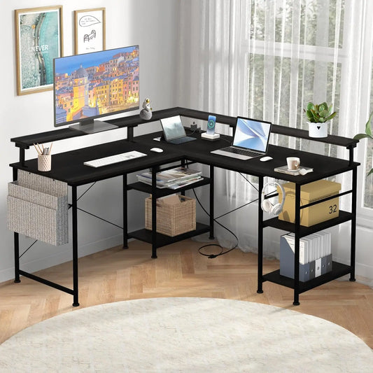 RGB Gaming Schreibtisch L-förmiger Eckschreibtisch Multifunktionaler Computertisch mit Monitorständer und Ablage