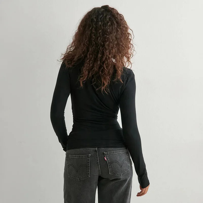 Sexy Solid Color V-neck Long Sleeved T-shirt Top Waist Cinching 2025 Trendy Casual Top for Women.