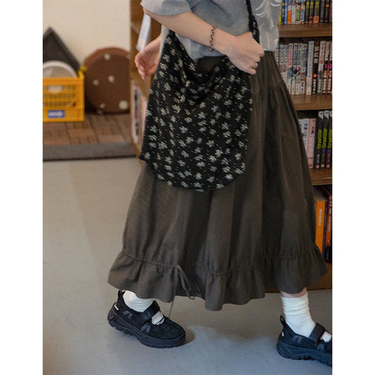 Vintage Black Midi Skirt Women Japanese Harajuku Drawstring Bud Skirts Summer Streetwear Korean Casual Design A Line Faldas New.