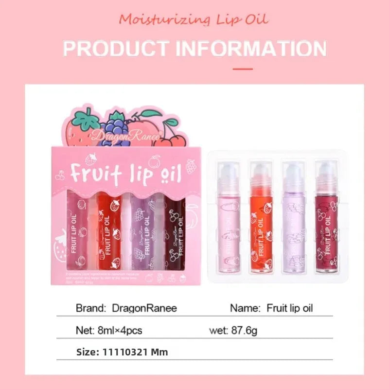 Set of Four Rolling Head Lip Oils Moisturizing Hydrating Roller Ball Lip Care Anti-Drying Transparent Lip Blam for Lip Health.
