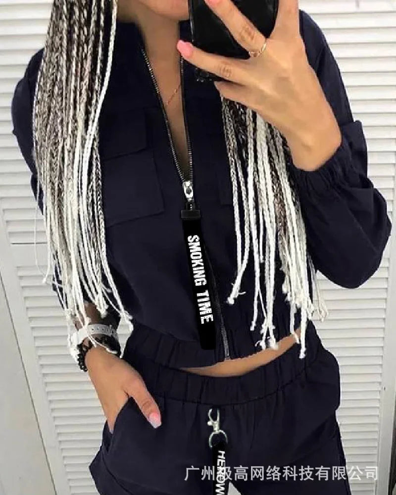 New Women Fashion Casual Autumn Winter 2pcs Clothes Set Pockets Zipper Long Sleeve Top Elastic Waist Pants Cargo Solid Color.