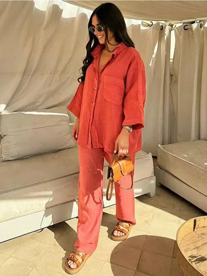 Women Vintage Solid Loose Pants Suit Lapel Single Breasted Long Sleeve Shirt Wide Leg Pants 2 Pcs Set 2025 New Ladies Streetwear.