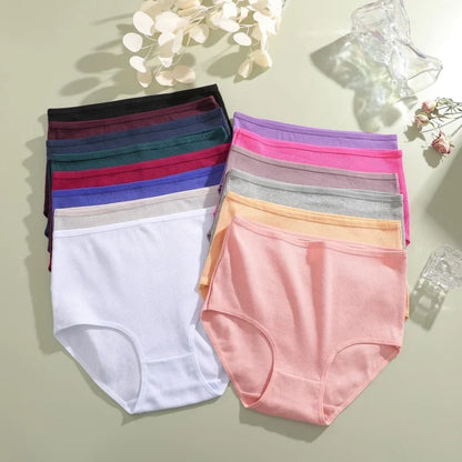 7Pcs Women's Cotton Panties Solid Color Plus Size Briefs Female Mid Waist High Elastic Underwear Cozy Breathable Lingerie S-2XL.