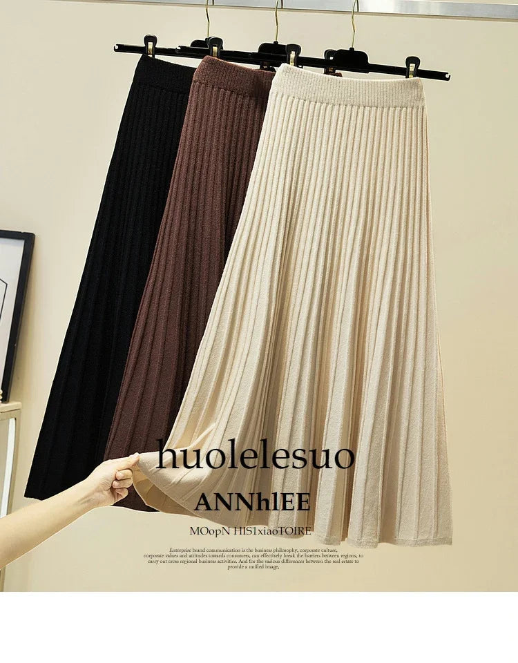 2025 Brand Designer Women Autumn Winter Thick Elegant Chic Solid Pleated Skirt High Waist Luxury Fashion With Elastic Female.