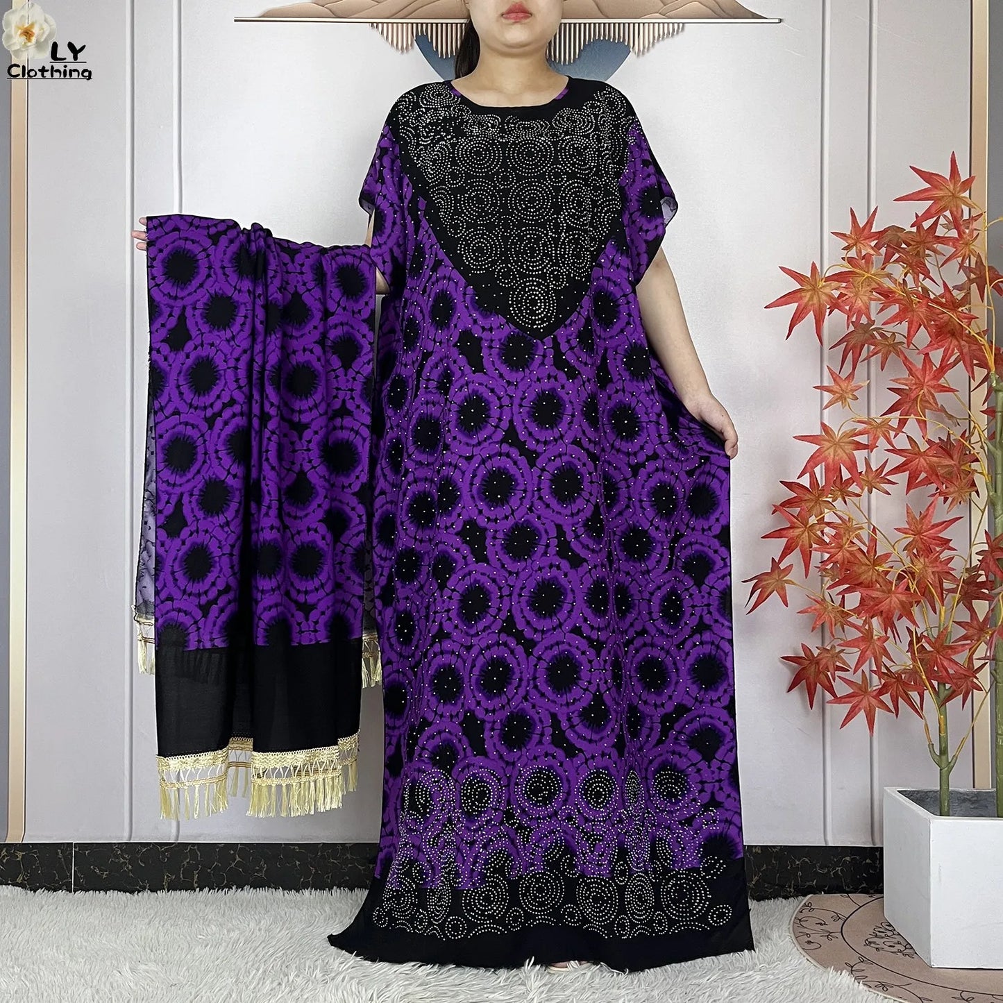 2024 New Muslim Women Dashiki Printed Dress Flower Diamonds Loose Dress With Big Scarf Islamic African Women Short Sleeve Abaya