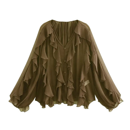 Women Fashion With Ruffles Semi-sheer Blouses V Neck Long Sleeve Button-up Female Shirts Chic Tops.