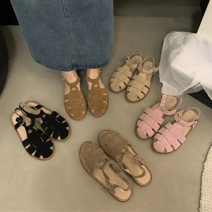 DIMANYU Women's Roman Sandals 2023 Summer New Flat Retro Real Leather Ladies Sandals Hollowed Women's Cage Shoes.