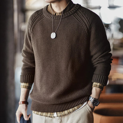Maden New Vintage Heavyweight Knitted Crew-neck Sweater Brown Warm Pullover Men's Versatile Top for Autumn and Winter Knitwear.