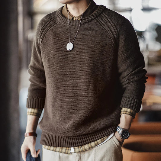 Maden New Vintage Heavyweight Knitted Crew-neck Sweater Brown Warm Pullover Men's Versatile Top for Autumn and Winter Knitwear.