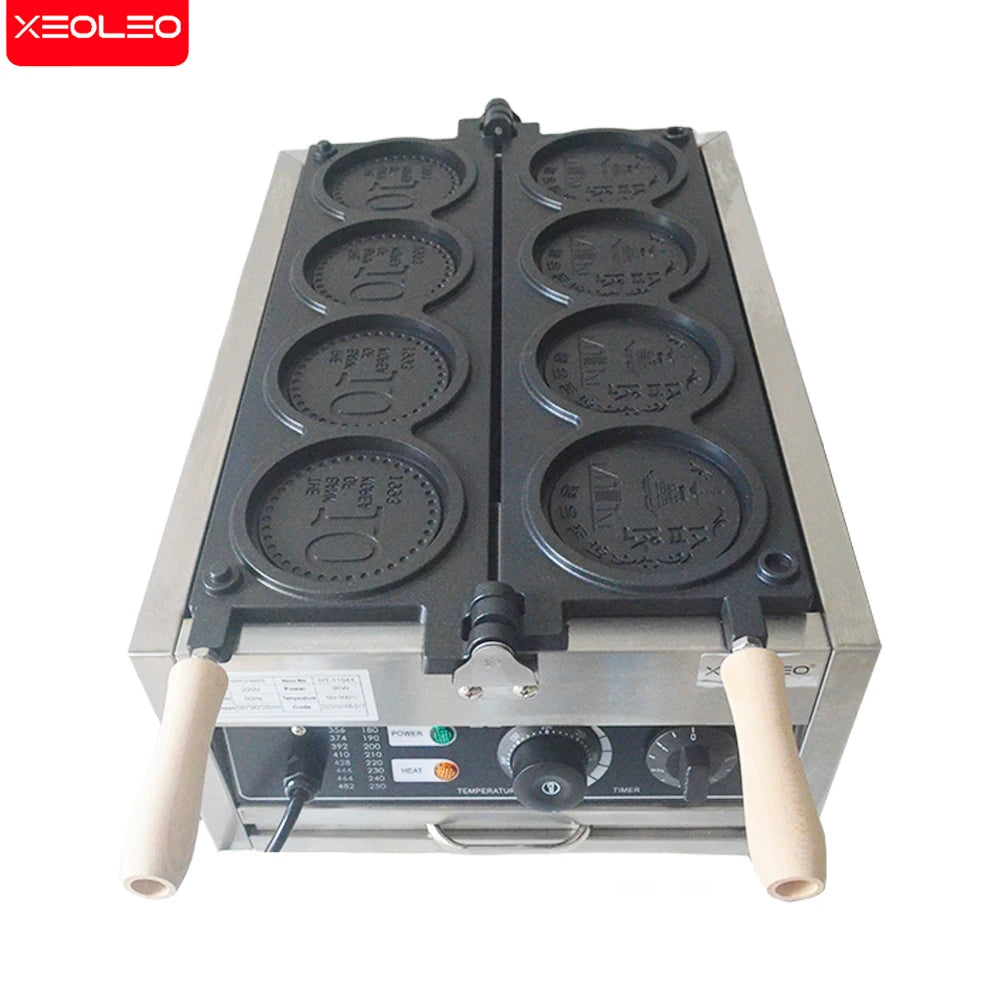 XEOLEO Commerical 4PCS Korean Coin Waffle Maker 3000W Non-stick Coating Gold Coin Bread Waffle Making Maker Electric/Gas.