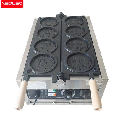 XEOLEO Commerical 4PCS Korean Coin Waffle Maker 3000W Non-stick Coating Gold Coin Bread Waffle Making Maker Electric/Gas.