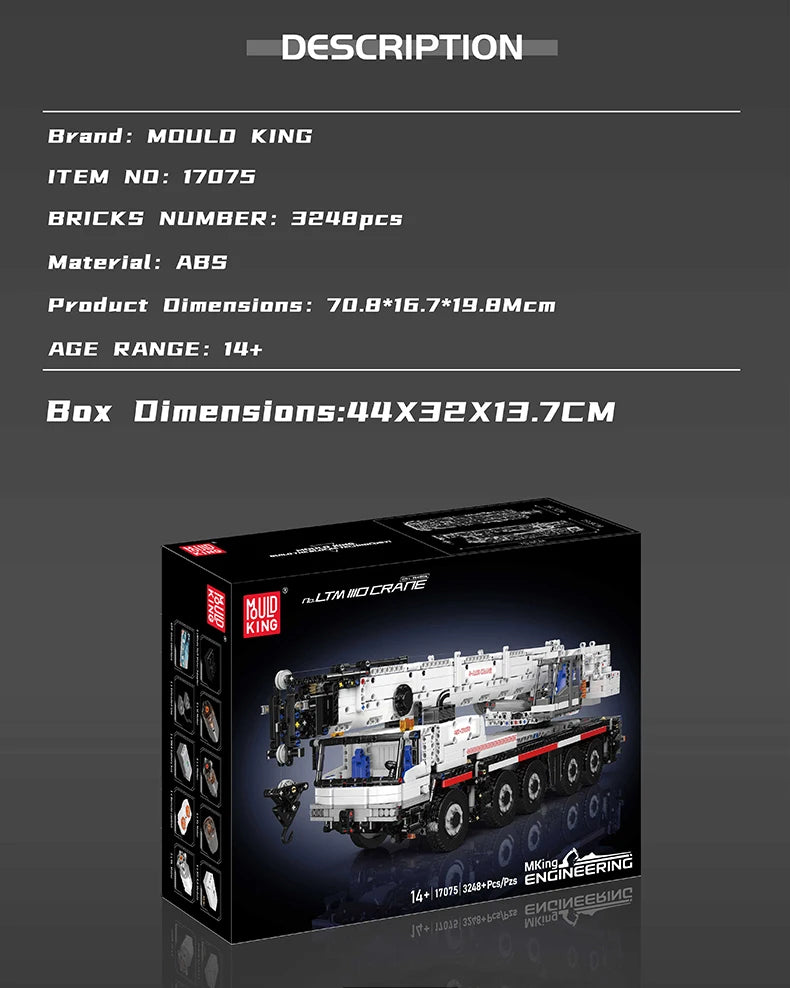 Mould King 17075 Technical Car Toys The RC Motorized LTM 1110 Crane Building Block Heavy-Duty Truck Brick Kids Christmas Gift.