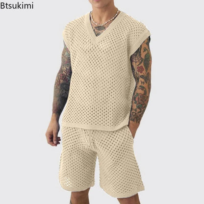 New Men's Summer Casual Knit V Neck Two-piece Sets Fashion Solid Loose Tank Tops and Shorts Sport Suit Men Hollow Out Streetwear.