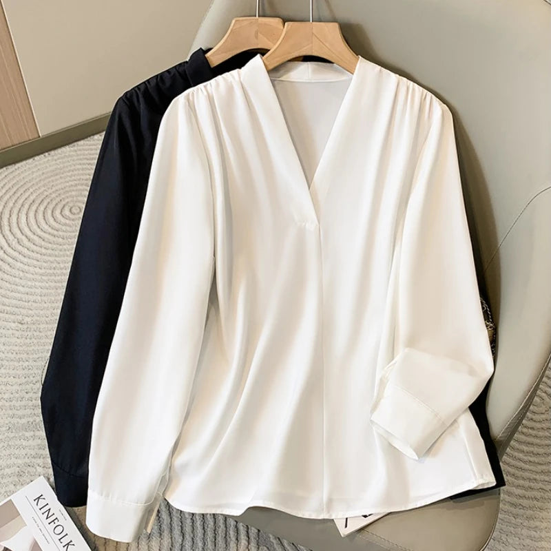 Big Size Women Shirts 2025 Spring Autumn Long Sleeve Office Lady V-Neck Solid Color Blouses Elegant and Youth Woman Tops.
