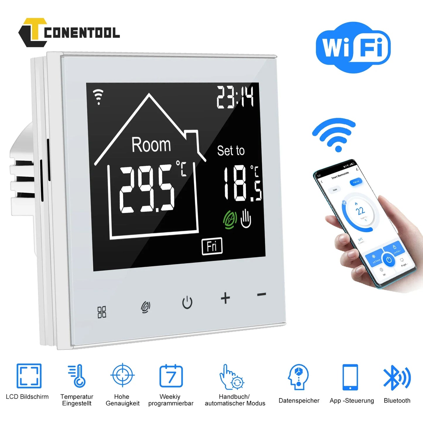 CONENTOOL WiFi Electric Thermostat 16A Floor Heating Smart Home with Alexa Tuya Google Digital Temperature Controller App Remote.