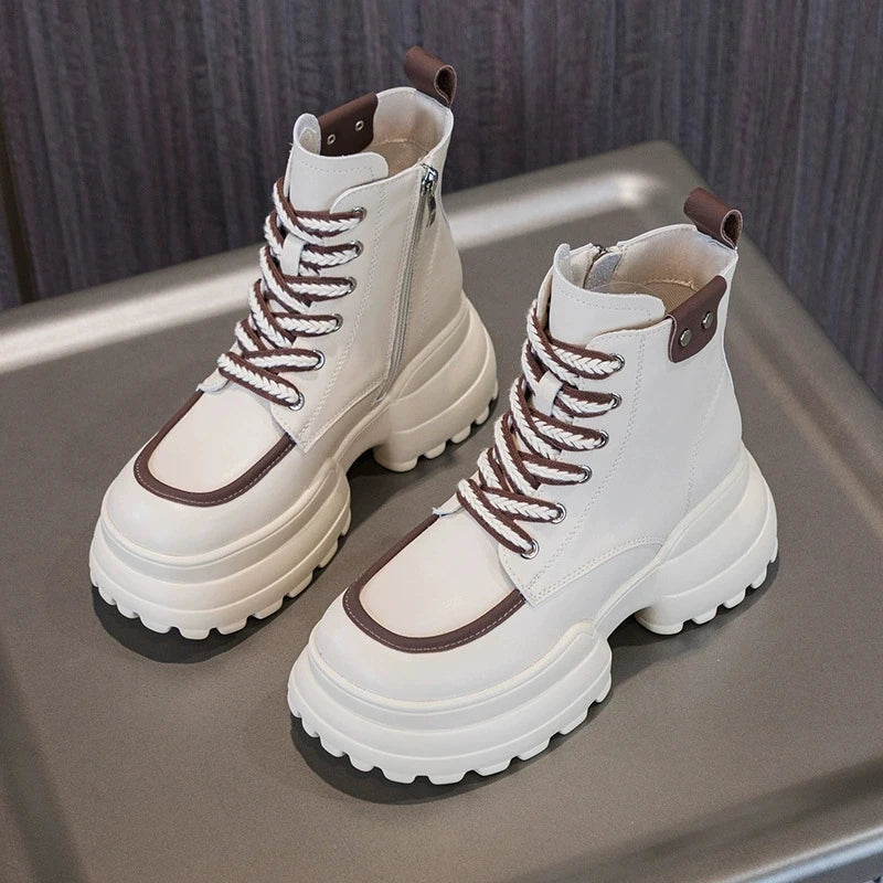 WOIZGIC Women Ladies Mother Genuine Leather Ankle Boots Shoes Lace Up Increase Inside British Style Autumn Winter Plush Fur Warm.