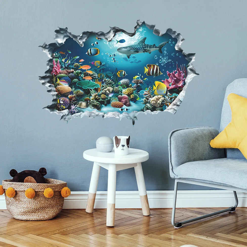 Sea View Mural Seabed Fish Shark 3D PVC Broken Wall Art Stickers Home Decoration for Room Ceiling Poster Floor Wallpaper.