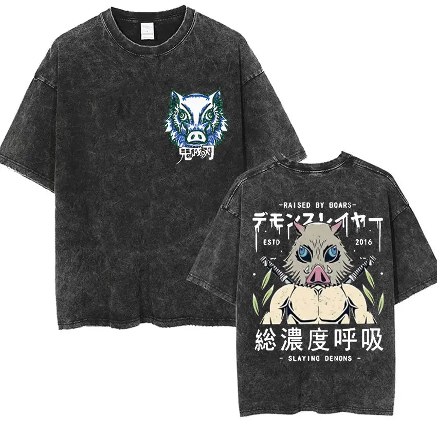 Japanese Anime Demon Slayer Uzui Tengen Vintage Washed T Shirts Funny Ninja Mice Muki Muki Gym Muscular Mouse Oversized T-shirt.