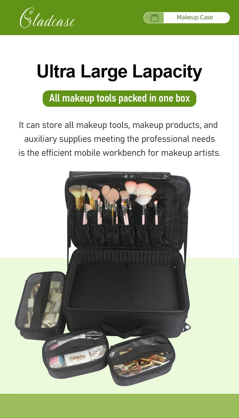 GLADCASE Makeup Case Large Waterproof Makeup Toolbox Professional With Brush Holder Beauty Cosmetic Suitcase Make Up Organizer.