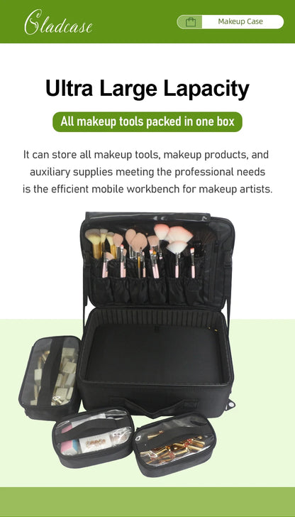 GLADCASE Makeup Case Large Waterproof Makeup Toolbox Professional With Brush Holder Beauty Cosmetic Suitcase Make Up Organizer.