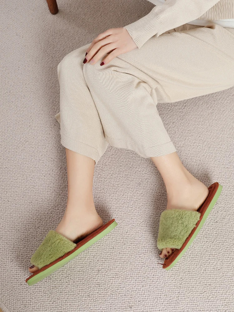 Litfun Women Warm Slides Plush Flat Slippers Women Warm Slides Cozy Soft Sole Faux Fur Shoes Female Cute Open Toe Home Slippers.