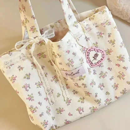 Large Capacity Printed Tote Bag Fashion Sweet with Lace Bow Storage Handbags Canvas Handbag.