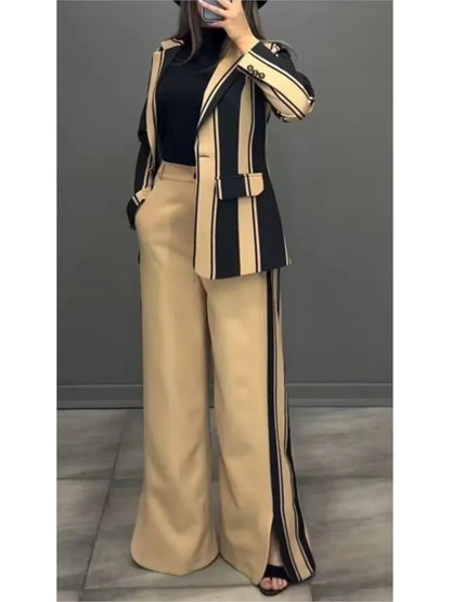 Women Striped Print Suits+pants Two Piece Sets Autumn Winter Casual Wide Leg Pants Sets Office Ladies Elegant Coats Outfits.