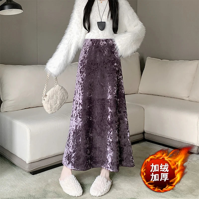 Plush Velvet Midi Skirt - 2025 New High-Waisted A-Line Mermaid Hem Skirt, Fleece-lined, Autumn Winter Thick Velvet Skirt.