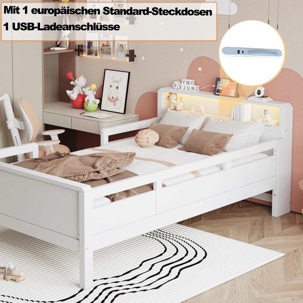 Multifunktions-Holzbett, USB- und Tape-C-Kombinationssteckdose, kleines LED-Licht, Kopfteil mit Einlagerfunktion, Einzelbett