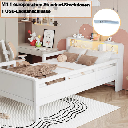 Multifunktions-Holzbett, USB- und Tape-C-Kombinationssteckdose, kleines LED-Licht, Kopfteil mit Einlagerfunktion, Einzelbett