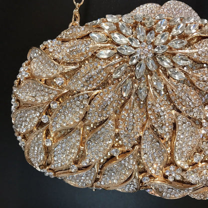 Gold Metal Leaves White Crystals Evening Clutch Bags Luxury Women Wedding Party Purse Ball Handbags Rhinestone Mini heart bag
