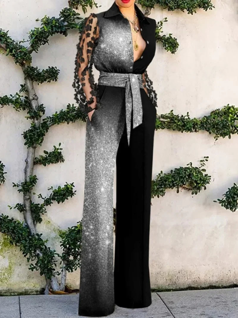 Spring/Summer New Women's Rompers Sexy Lace Panel Flare Pants Women Jumpsuit.