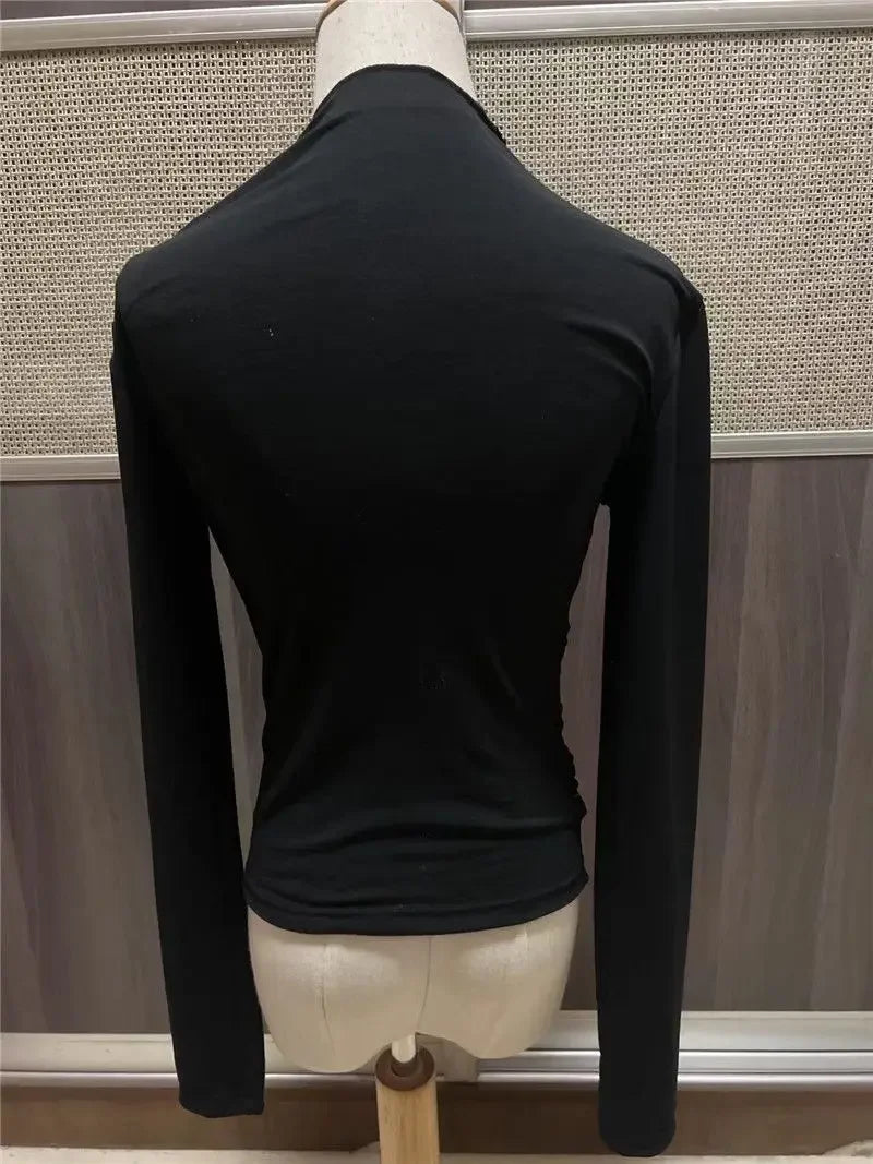 Slim Fit Long Sleeve Women's T-shirt Pure Color Design Pleated Detail Base Shirt Ladies Top Quality Material Comfortable Wear.