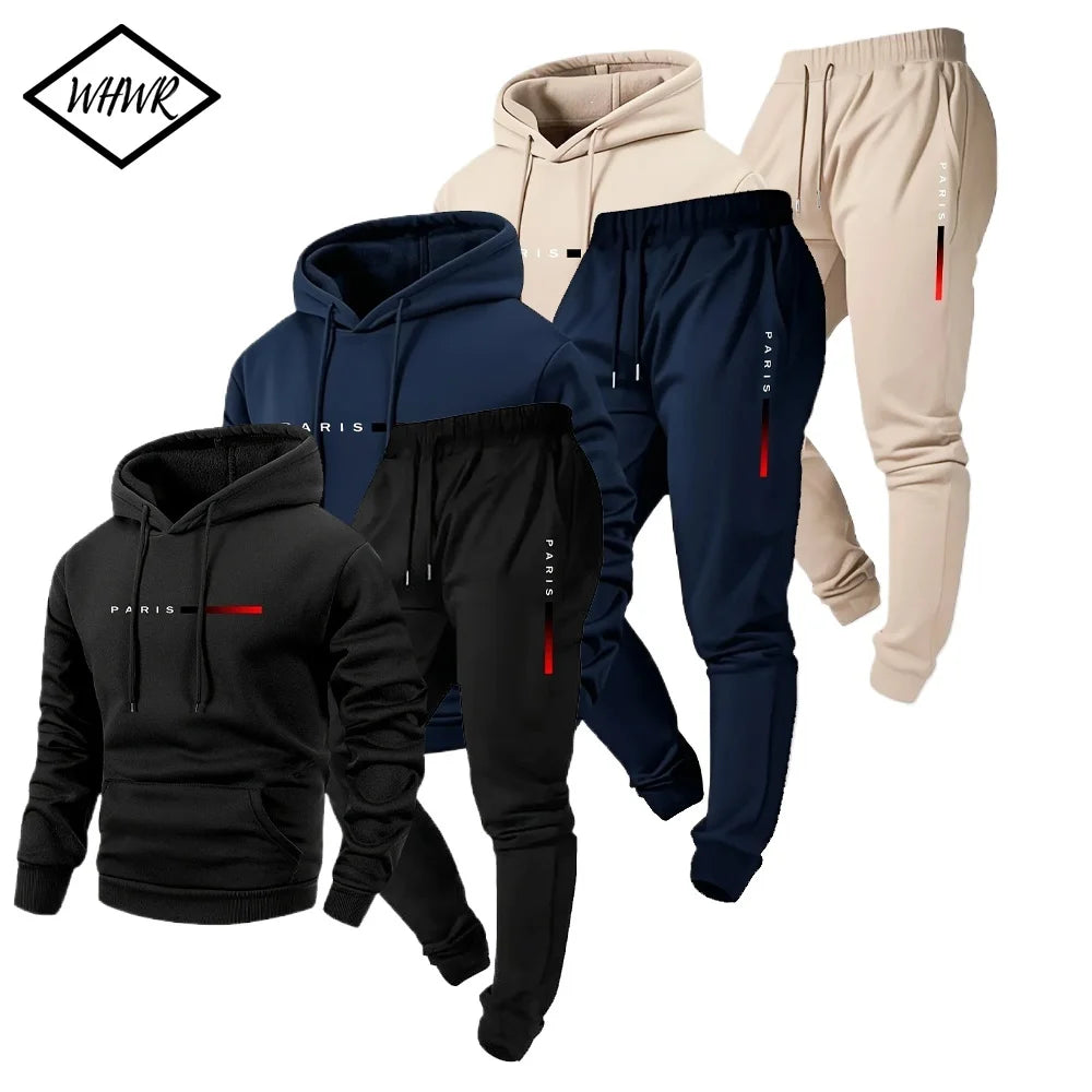 Men's Fleece Warm Hoodies Sets PARIS Printing Tracksuit Autumn Winter Casual Hooded Sweatshirt Drawstring Pants Running Suit.